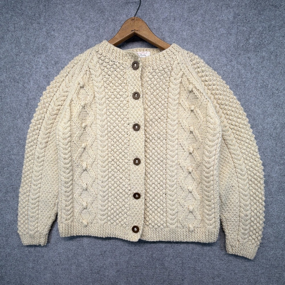 Vintage Irish Cable Cardigan Cream Wool Fisherman Hand Knit Large Aran
